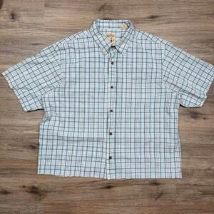 red head cropped boxy baby blue and white plaid short sleeve button up